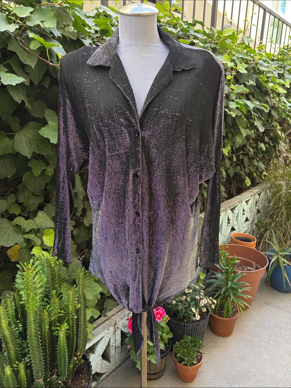 1980’s Teddi of California Black and Silver Shimmery Button-Front Tie Hem Shirt
